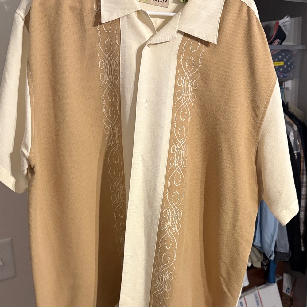 Cubavera Cream and Tan Embroidered Short Sleeve Shirt